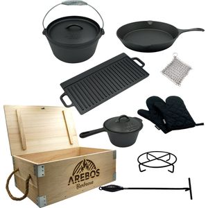 Arebos 9-delige Dutch Oven Set I Houten kist I Brandende vuurpot met veel accessoires I Incl beschermende handschoenen I Set van gietijzer I Ideaal voor kamperen en thuis