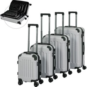 Arebos Reiskoffer Set van 4 I ABS Hard Shell I Trolley Kofferset I Telescopisch Handvat I Incl. Ritssluiting, 360° Wielen I S-M-L-XL | Zilver