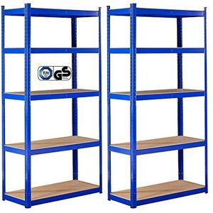 Arebos Rek voor zware lasten, set van 2, 180 x 90 x 40 cm, blauw, 5 planken, werkplaatsrek, opbergrek, kelderrek