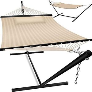KESSER® Hangmat met Standaard en Kussen voor Binnen & Buiten XXL | Dubbele Hangmat HILL geschikt voor 2 Personen met metalen Frame | Hangstoel Draagvermogen tot 200 kg Tuin Balkon Terras, Beige