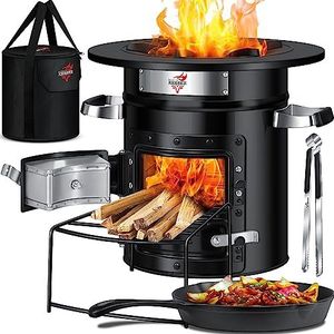 KESSER® Rocket stove incl. grillpan van gietijzer met draagtas, Dutch Oven, BBQ, houtkachel, kooktoestel voor camping, campinggrill, roestvrij staal, zwart