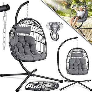 KESSER® Hangstoel Jungle met standaard voor binnen en buiten inclusief groote kussen & Plafondbeugel | stalen frame hangschommel voor kinderen en volwassenen tot 150kg, Grijs