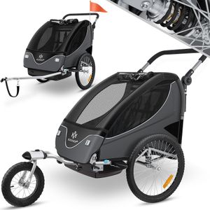 KESSER® Cruiser Kinderfietskar 360° draaibaar met vering 2in1 Jogger functie Kinderfietskar + 5-puntsgordel Jogger Fietskar voor 1 tot 2 kinderen max. 40kg - Zwart/Antraciet