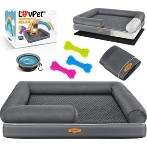 Lovpet® Orthopedisch hondenbed, hondenkussen, relax, incl. voerbak + 3 x kauwbotten, hondenbank voor kleine, middelgrote en grote honden, hoes afneembaar en wasbaar, 91x71x22cm Antraciet