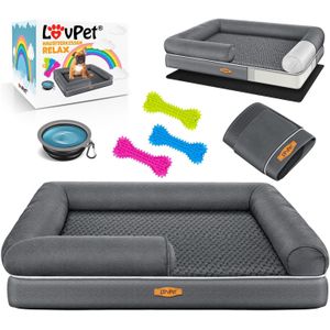 Lovpet® Orthopedisch hondenbed, hondenkussen, relax, incl. voerbak + 3 x kauwbotten, hondenbank voor kleine, middelgrote en grote honden, hoes afneembaar en wasbaar, 106x80x22cm Antraciet