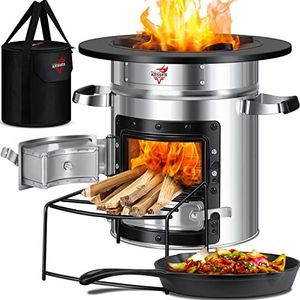 KESSER® Rocket stove incl. grillpan van gietijzer met draagtas, Dutch Oven, BBQ, houtkachel, kooktoestel voor camping, campinggrill, roestvrij staal, zilver