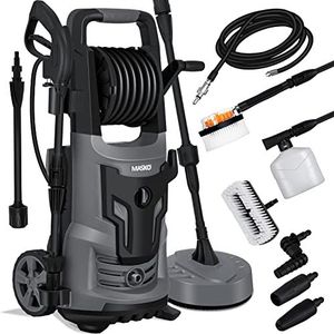 MASKO® hogedrukreiniger 2200 Watt 165 bar 450 l/u, Drukreiniger met haspel 10m slang 9.tlg. accessoire set, met zeepfles schuimsproeier, hogedrukpistool voor auto's / omheiningen / tuinen / patio's / zwembad - Grijs