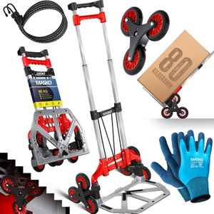 MASKO® Stufen-Sackkarre Treppenkarre Klappbar 80 kg Tragkraft 3x3 Treppensteiger inkl. Rädern + Expanderseil + Handschuhe - höhenverstellbarer Griff - Aluminium Handkarre für Transportkarre