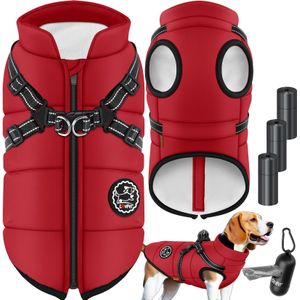 LOVPET® Hondenjas Hondenvacht met Harnas Waterafstotend, incl. 45 Stuks Poepzak + Dispenser, Winter Vest Hond Waterdicht Gevoerd, Gewatteerd Vest Met Borstband, Reflectoren, D-Ring - Bordeaux-rood / 5XL