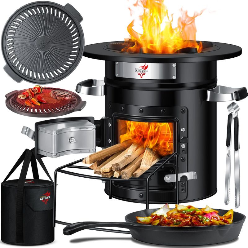 Kesser - Raketenofen Inkl. Grillpfanne aus Gusseisen mit Tragetasche Dutch Oven bbq Rakete Holzofen Camping Campingkocher Campinggrill Edelstahl