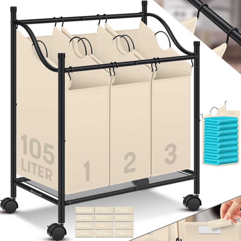 Kesser - Wäschekorb Wäschesammler Wäschesortierer mit abnehmbaren Stofftaschen Wäschebox mit 12 Waschhinweisen 360° Rollen mit Bremse