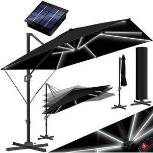 KESSER® Parasol LED Solar zweefparasol SUN XL 300 x 300 cm incl. afdekking + windbeveiliging draaibaar kantelbaar marktscherm groot 360° rotatie, tuinscherm met zwengel zonwering, zwart