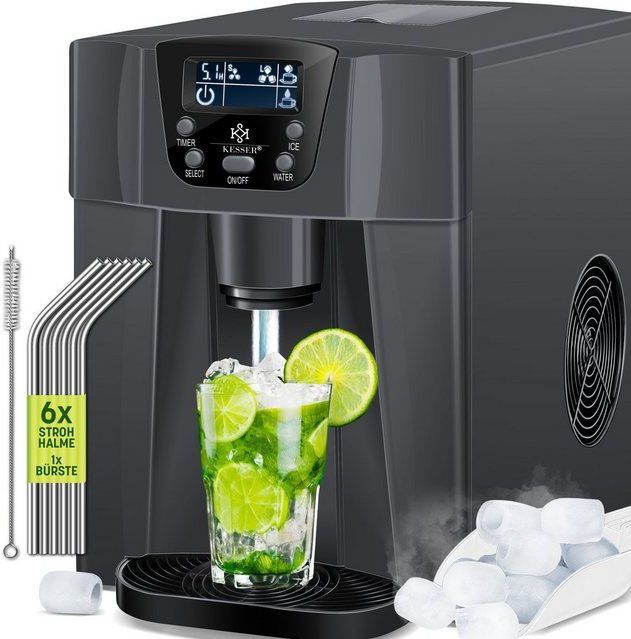 KESSER® Eiswürfelbereiter  Eiswürfelmaschine Edelstahl  100W  Ice Maker  12 kg 24 h  2 Würfelgrößen  Zubereitung in 6 min  2 Liter Wassertank  Timer  LCD-Display  Wassertank