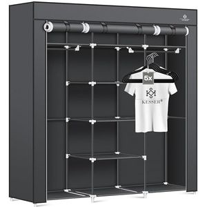 KESSER® Kledingkast in Stof en Metaal 150x45x175cm - opvouwbaare Garderobekast Stabiel met Kledingstang & Planken, Inclusief 5x Kledinghangers Kleerkast - Legplank Kast voor Slaapkamer met Kledingrek - Antraciet