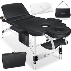 KESSER® Massagetafel inklapbaar 180x70x90cm | Behandeltafel 225kg Draagvermogen & In Hoogte Verstelbaar | Mobiele Massagebank 3-Zone | Aluminium Massagebed met Hoofdsteunen Armsteunen & opbergtas - Zwart