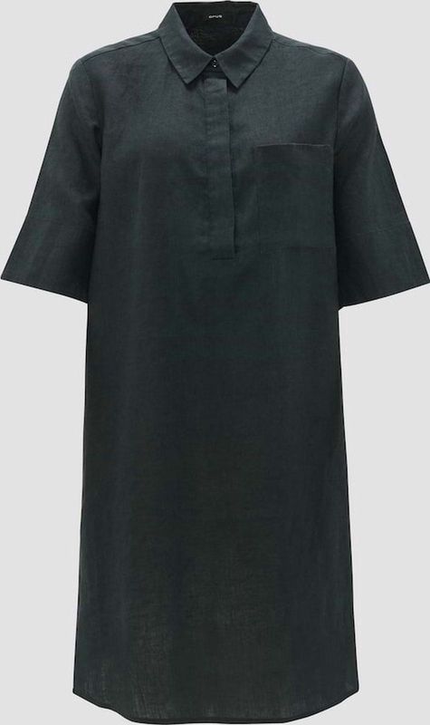 Opus - Linnen Jurk - Donkergroen - Hemdkraag - Halflange Mouwen