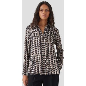OPUS - Fosmo - Blouse - Taupe/Zwart/Wit - Satijn, Lange Mouw, Knoopsluiting