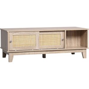 HOMCOM salontafel, bijzettafel in wienergeweave-look, salontafel met 2 schuifdeuren en open opbergruimte, woonkamertafel, ratten, spaanplaat, eikenhout, 120 x 50 x 42,5 cm