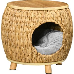 PawHut kattengrot van rotan 2-in-1 design kattenmand met kussen, kattenbed, kattenhut, huisdierbed, water, hyacintgras, paulowniahout, lichtbruin+grijs, 44 x 43 x 42 cm