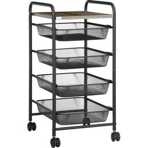 HOMCOM rolwagen, keukenwagen met 4 manden, opbergrek met wielen, huishoudplank, serveerwagen voor slaapkamer, woonkamer, staal, zwart, 41,5 x 31 x 66 cm