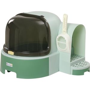 GOPLUS Kattenkast met uittrekbare lade, verstopplaats voor de kattenbak met klapdeur en rol, kattenhuis/bijzetkast van hout voor kleine tot grote katten, vintage bruin