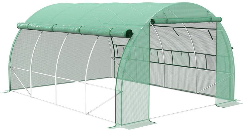 Foliengewächshaus Polytunnel 4 x 3 x 2 m begehbares Gewächshaus mit aufrollbar Abdeckungen Folientunnel Treibhaus UV-Schutz Stahlrohr Grün - Outsunny