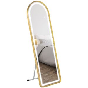 Ganzkörperspiegel, 151,5 x 50 x 4 cm Wandspiegel mit Ständer, LED-Leuchte, Gold