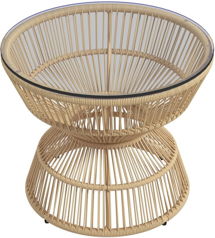 Outsunny - Beistelltisch Rattan, Ø60 cm Couchtisch Gartentisch mit Tischplatte aus Hartglas, Balkontisch im Boho-Design, Kaffeetisch für Garten,