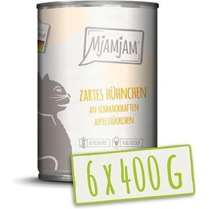 MjAMjAM - Premium natvoer voor katten - Zachte kip met lekkere appelstukken, set van 6 (6 x 400 g), graanvrij met extra vlees