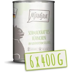 MjAMjAM - Premium natvoer voor katten - Smakelijke kip met gestoofde selderij, set van 6 (6 x 400 g), graanvrij met extra vlees