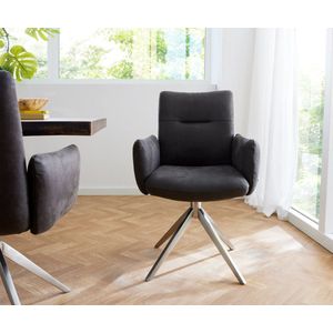 Drehstuhl Jova-Flex mit Armlehnen Mikrofaser Anthrazit Vintage Kreuzgestell breit Edelstahl 360° drehbar Taschenfederkern