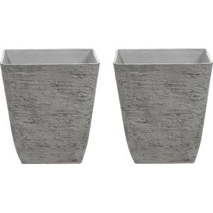 Bloempot set van 2 grijs steen polyresin 39 x 39 x 43 cm binnen buiten vierkant plantenbak