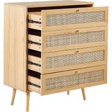 Rotan 4 ladekast lichthout spaanplaat hout met rotan frontjes lade boho stijl sideboard dressoir