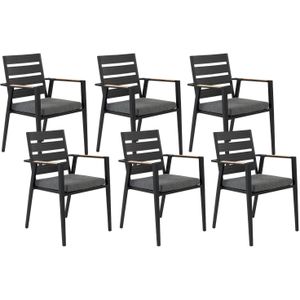 Set van 6 tuinstoelen zwart aluminium frame met kussens lattenbodem rugleuning design modern