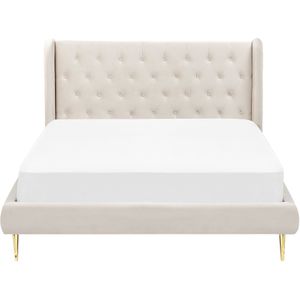 Gestoffeerd bed grijs 160 x 200 cm fluwelen stof met lattenbodem met hoog gewatteerd hoofdeinde metalen poten in goud elegante retro
