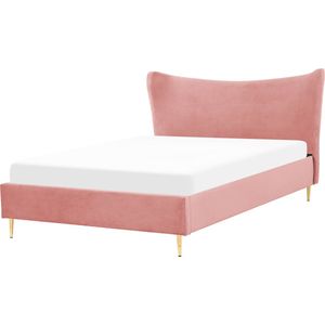 Tweepersoonsbed roze fluweel velvet 160 x 200 cm bedframe metalen poten lattenbodem basis hoofdbord modern glam stijl slaapkamer