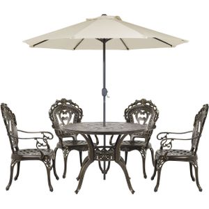 Tuinset tafel 4 stoelen donkerbruin/groen aluminium gepolijst retro parasol vintage
