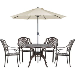 Tuinset tafel 4 stoelen donkerbruin/beige aluminium retro met parasol