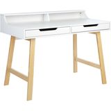 Bureau lichthout wit MDF tafelblad 110 x 60 cm solide houten poten 2 lades open planken werkkamer kantoor thuiswerken studeerkamer