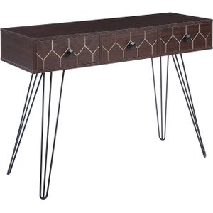 Console tafel dressoir 3 lades plank donkerhout tafelblad zwart metalen frame industrieel stijl MDF woonkamer