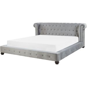 Gestoffeerd bed grijs 180 x 200 cm fluweelstof met lattenbodem gestoffeerd hoofdbord chesterfield