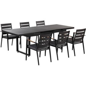 Gartenmöbel Set 7-teilig Schwarz Aluminium Ausziehtisch 180 / 240 x 90 cm Latten-Tischplatte Rechteckig mit 6 Stühlen Auflagen Grau Stapelbar