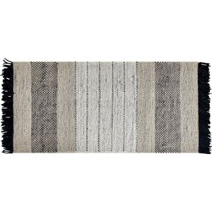 Vloerkleed tapijt beige zwart wol katoen 80 x 150 cm handgeweven laagpolig met franjes