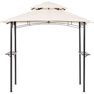 Paviljoen beige stof zwart staal 240 x148 cm metaal frame overkapping met haken en planken tuin prieel