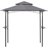 Paviljoen grijs stof zwart staal 240 x 148 cm metaal frame overkapping met haken en planken tuin prieel