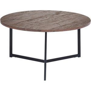 Set van 2 salontafels donkerhout tafelblad zwarte metalen poten rond medium en groot woonkamer meubel