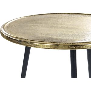 Bijzettafel goud met zwart aluminium en ijzer tafelblad rond disressed retro woondecor accessoire