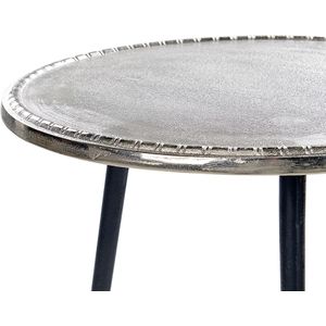 Bijzettafel zilver met zwart aluminium en ijzer tafelblad rond disressed retro woondecor accessoire