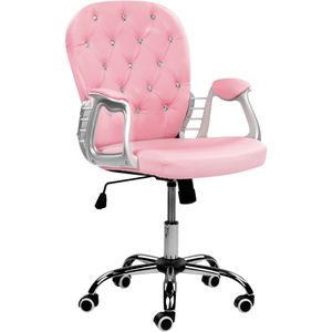 Bureaustoel roze kunstleer gaslift verstelbaar kristallen met tuft draaibaar bureau kantoor modern ontwerp