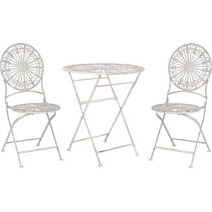 Tuin bistro set wit ijzer inklapbaar 2 stoelen tafel buiten distressed effect UV en roest bestendig Franse retro stijl